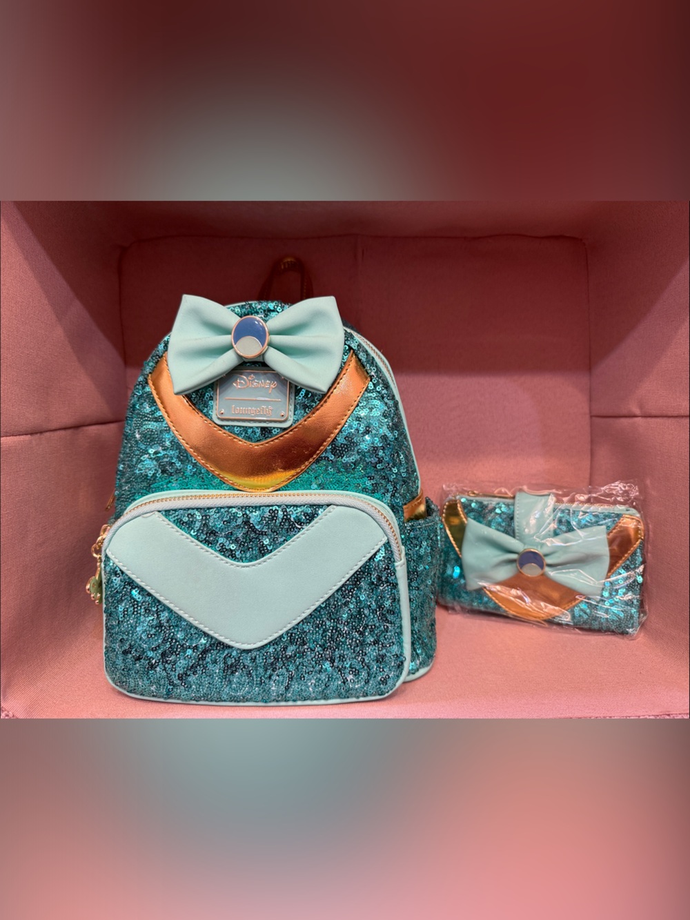 Jasmine Loungefly Teal Sequin Mini Backpack with Mint Bow and Metallic Gold Trim